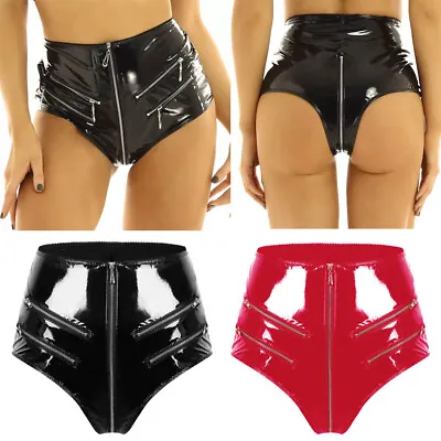 Women's Sexy PVC Leather Panties Latex Lingerie High Waist Zip Crotch Underwear • £14.94