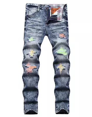 Mens Stretch Distressed Denim Pants Slim Fit Trousers Casual Skinny Ripped Jeans • $21.99