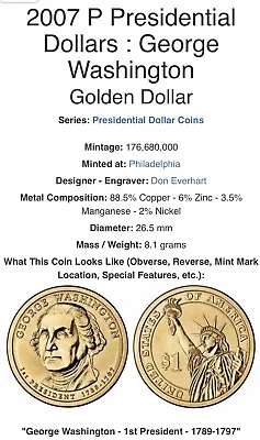 $36 • Buy 2007 ~ US One Dollar Coin President Series George Washington DE 1789-1797 (813)