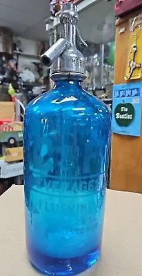 Vintage Seltzer Bottle Blue Glass C & F Beverages Flushing N.Y. Czechoslovakia • $39.99