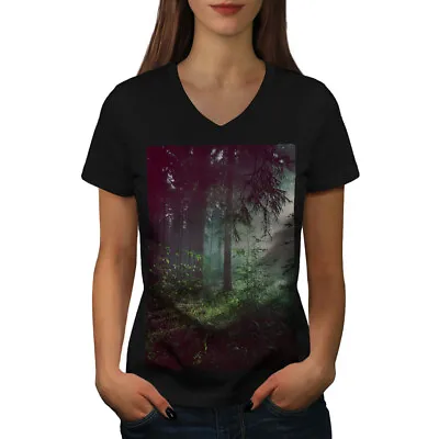 Wellcoda Deep Dark Forest Womens V-Neck T-shirt Foggy Graphic Design Tee • $22.37