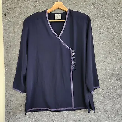 Maggie Shepherd Top Vintage Size M Navy Blue Button Asymmetrical Satin Trim • $19.51