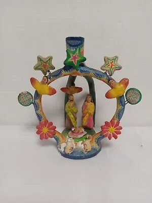 VTG Nacimiento Mexico Folk Art Tree Of Life Green Christmas Nativity Candlestick • $43