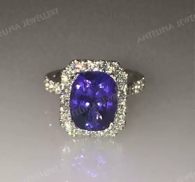 4 Ct Cushion Cut Blue Tanzanite Halo Engagement Ring Solid 14K White Gold Finish • $86.91