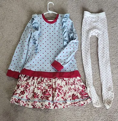 Matilda Jane Dew Drop Blue Red Sweatshirt Dress Sz 12 & SweetHoney Tights Polka • $45