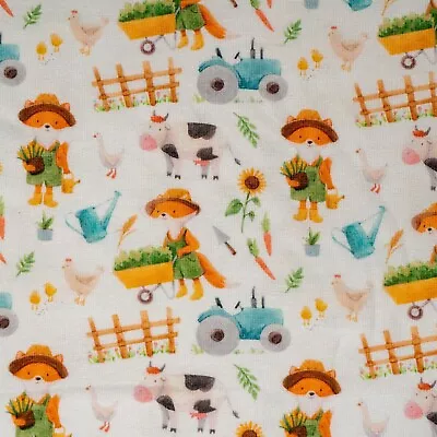 Organic Cotton Jersey Stretch Fabric White Farm Print With Foxes And Cows • £6.50