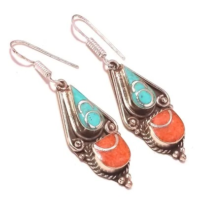 Turquoise Red Coral Silver Plated Drop/Dangle Nepalese Earrings 2.20  PG 5045 • $7.49