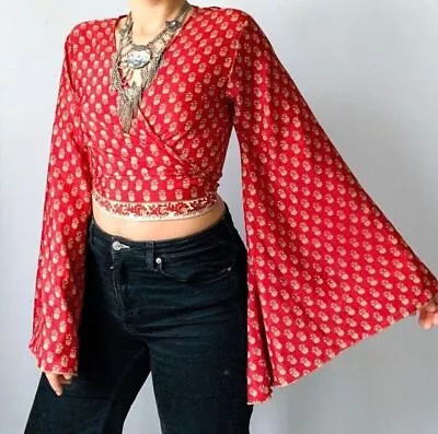 Wholesale 5 Pc Indian Vintage Silk Sari Bell Sleeve Crop Top Retro 60s Clothing • $108.68