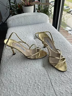 MANOLO BLAHNIK Gold Classic Strappy Slingback Heeled Sandals Stiletto Heels • $175