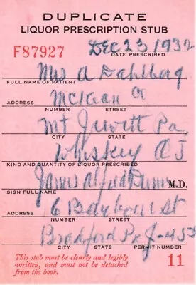 Old Prohibition Whiskey Prescription Doctor Stub Bar Dahlberg Mt Jewett PA 1932 • $25