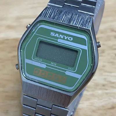 $23.79 • Buy Vintage Sanyo Mens Silver Green LCD Digital Quartz Watch~For Parts Repair