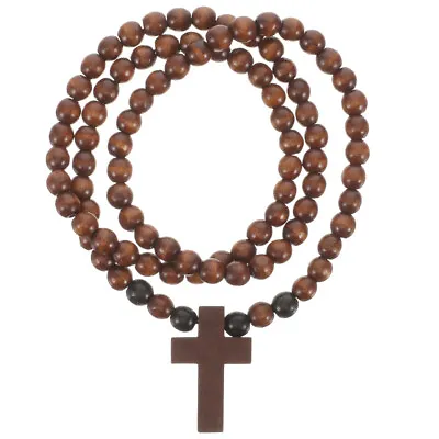 Wooden Cross Necklace For Men Beaded Chain Necklace Rosary Trendy Necklace • £6.29