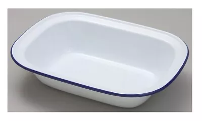 Falcon 20cm Oblong Enamel Pie Dish Non Stick Oven Baking Dish White Blue Rim • £7.49