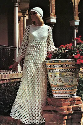 £1.99 • Buy Ladies Long Lacy Wedding Dress Hat CROCHET PATTERN DK 32 - 42  Vintage 70s