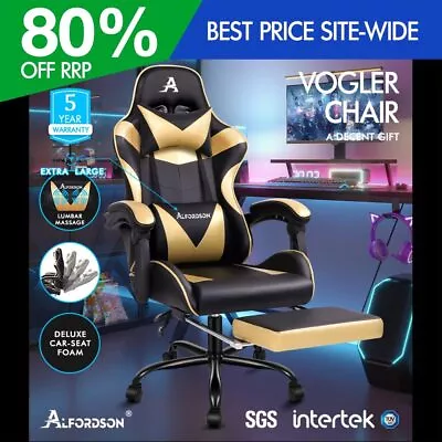 ALFORDSON Gaming Chair Office Executive Racing Footrest Seat PU Leather Gold • $139.95