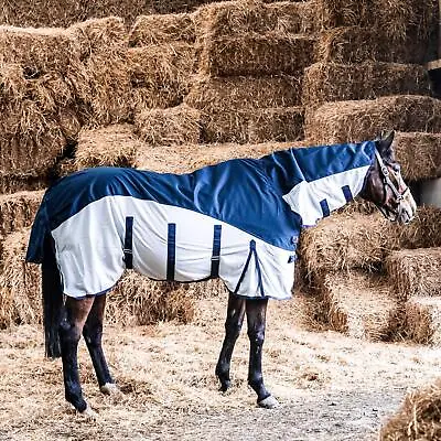 600D 2 In 1 Waterproof Fly Turnout Mesh Horse Rug Fixed Neck Navy/Silver 5'6-6'9 • £30.99