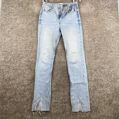 $18.95 • Buy ZARA Straight Leg Jeans Women's 6 Blue High Rise Button Fly Split Hem Frayed