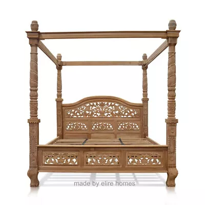 EU STOCK ~ Queen Size  Teak Wood  French Style Four Poster Floral Canopy Bed • £1899