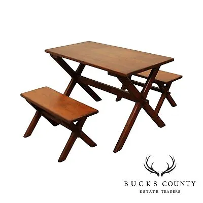 Antique Youth Size Oak Sawbuck Dining Farm Table With Benches • $965