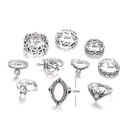 Women Bohemian Vintage Silver Crystal Stack Rings Above Knuckle Rings Set • £2.57