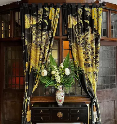 Pair Of Peacock Black Printed Velvet Curtains - RRP: £135/Panel • £90