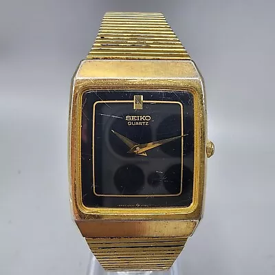 VTG Seiko Watch Men 26mm Black Dial Gold Tone Rectangle 6530-5760 New Battery • $39.99