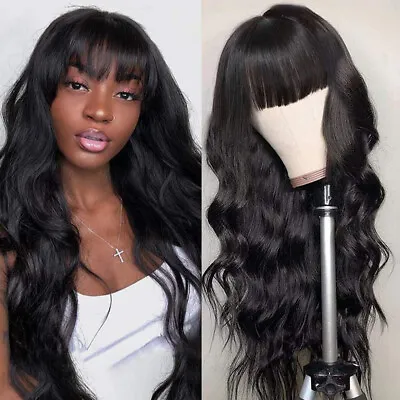 $19.40 • Buy Synthetic No Lace Wigs Full Bangs Loose Wavy Long Black Heat Resistant Natural