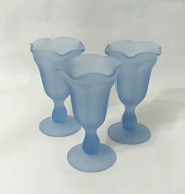 Vintage  Frosted Light Blue Footed Ruffled Sundae Dish Set Of 3 • $11