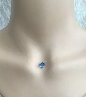 Invisible Illusion Floating Necklace Blue Swarovski Bicone Crystal Pendant • £14.80