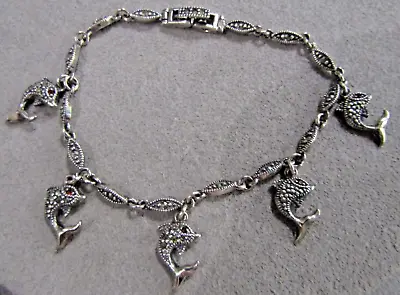 Vintage Sterling Silver Marcasite Garnet Dolphin Charm Bracelet 8  • $35