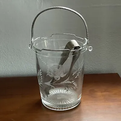 Vintage Etched Glass Ice Bucket Witn Rooster-foot Tongs • $10