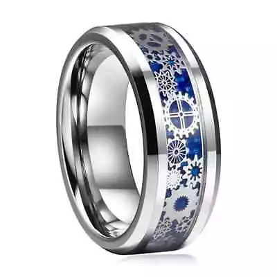 Men 8mm Blue Carbon Fiber Steampunk Gear Inlay Comfort-Fit Tungsten Wedding Ring • $12.70