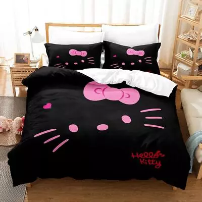 Hello Kitty Pink Black Quilt Duvet Cover Set Bedroom Decor King Kids Bedspread • $54.99