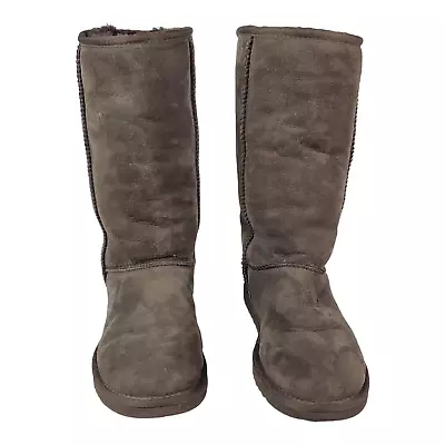 Ugg Boots Size 6W Sheepskin Lining Leather Pull On Comfy Warm Classic Tall Brown • $34