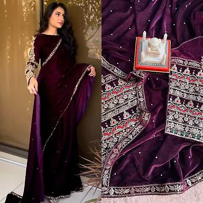 Women New Ethnic Velvet Wedding Party Wear Sari Designer Saree Embroidery Blouse • £41.68