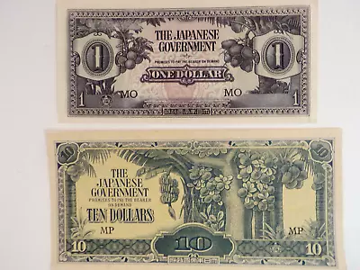 MALAYA...  2 Pc Lot (1942-1944)... WWII JAPANESE... 1 Dollar & 10 Dollars ...UNC • $2.25