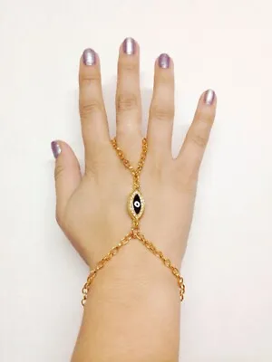 Womens Lucky Eye Slave Chain Finger Ring Bangle Hand Harness Bracelet Beach Boho • £3.88
