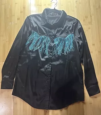 L&B Silk Black With Sequined Teal Fringe Size Small Button Up Rodeo Shirt • $22