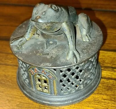 1872 J E Stevens Frog On Lattice Round Base Cast Iron Mechanical Bank • $695