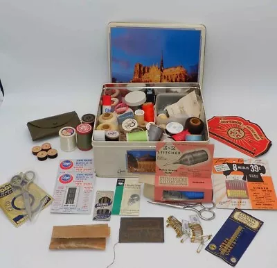 Vintage Sewing Notions Lot In Paris Tin Thread Cardboard Bobbins Needles Pins • $14.99