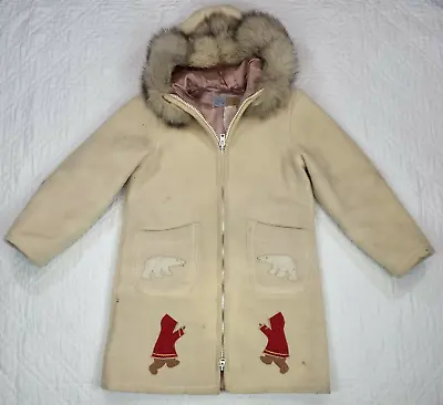 VTG Hudson Bay Company Womens Cream Eskimo Applique Wool Trench Coat Size 12 • $280