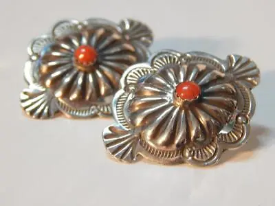 Vintage Navajo Indian Sterling Silver + Coral Concha  Earrings - Mint Gift ! • $74.38
