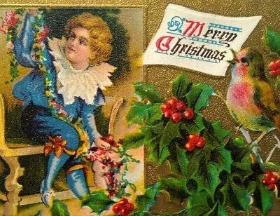 Vintage Christmas Postcard Original Fancy Dressed Victorian Child Song Bird  • $19.50