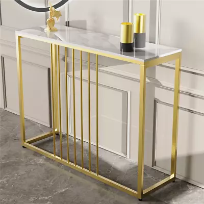 Large Hallway Console Table Marble Top & Gold Metal Frame Shelf Desk Furniture • £79.93