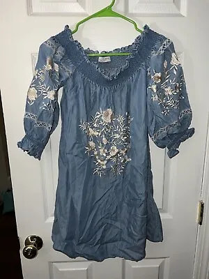 ZARA Woman Blue Off The Shoulder Embroidered Bardot Denim Tunic Dress Size Small • $35