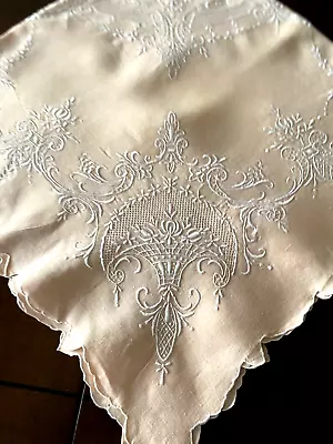 Exquisite Vintage TABLECLOTH ~ PEACH Linen W/White Embroidery Appenzell 32  Sq • $38