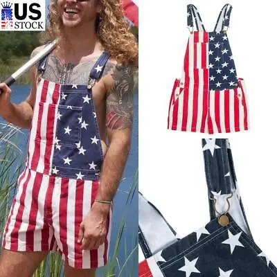 $13.29 • Buy Men's Overalls America Flag Print Bib Pants Suspender Jumpsuit Romper Shorts USA