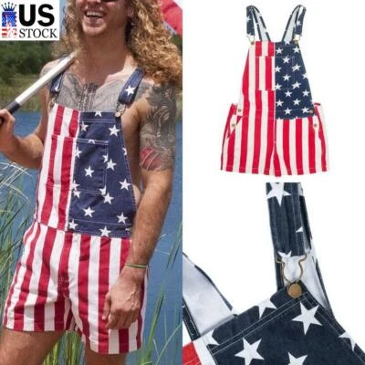 $13.29 • Buy Men's Overalls America Flag Print Bib Pants Suspender Jumpsuit Romper Shorts USA