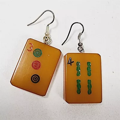 Vintage Mahjong Tile Bakelite Pair Of Earrings Mismatched 3 Dots & 4 Bamboo • $19.95