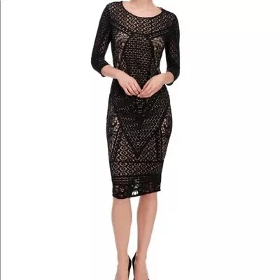 Carmen Marc Valvo Little Black Dress Laser Cut Patchwork Lace 3/4 Sleeve XS NWT • $27.99
